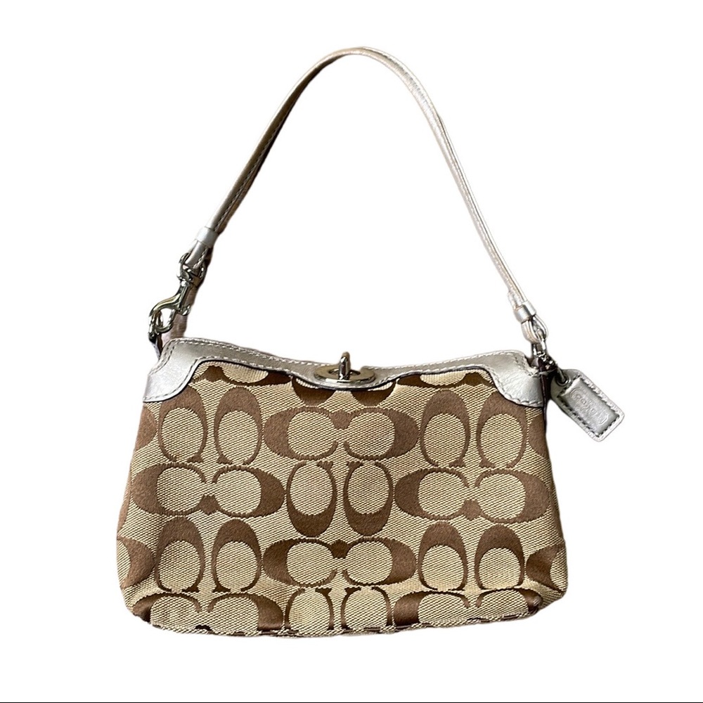 Coach Vachetta Signature C Canvas & Silver Metallic Leather Small Turn Lock Bag - Picture 1 of 10